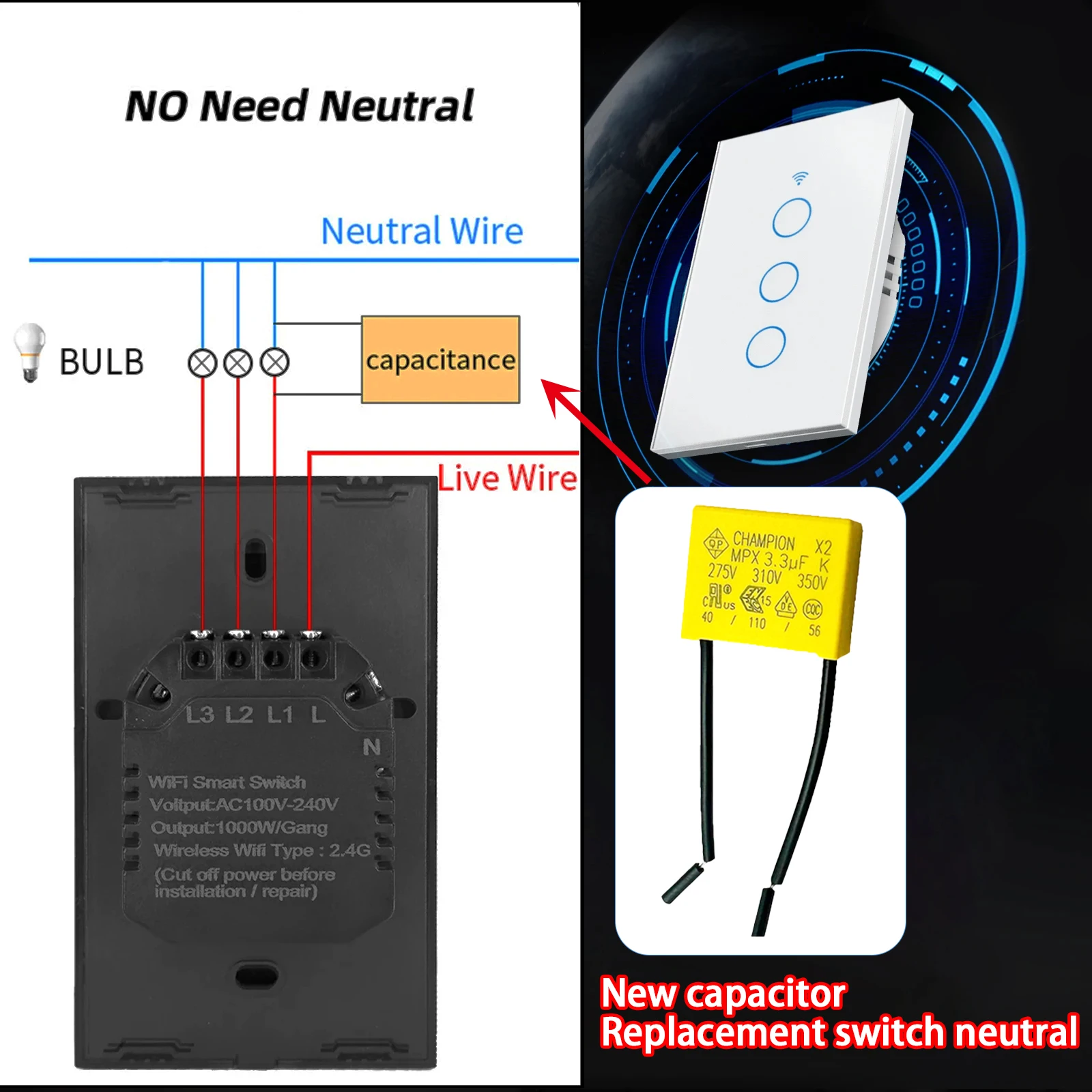 capacitor 3.3UF 275VAC anti-light flash safety capacitor.Suitable for smart touch switches without neutral, electric fans, etc