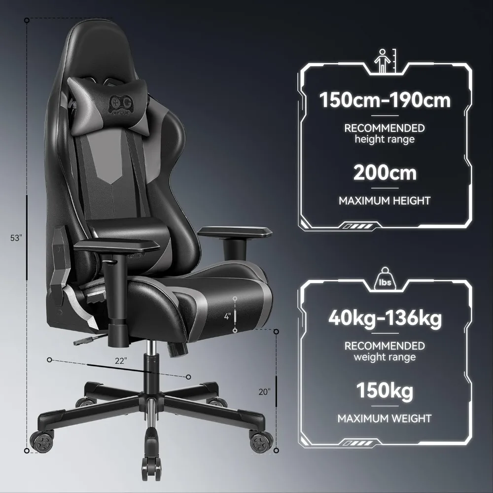 Silla ergonómica para juegos, sillón de cuero PU estilo carreras, respaldo ajustable giratorio con soporte Lumbar, color gris negro