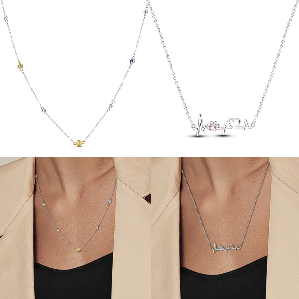 Small and Luxurious 925 Sterling Silver ECG Love Cat Print&Sun Star Moon Small Ball Necklace Fashion Women's Commuter Jewelry