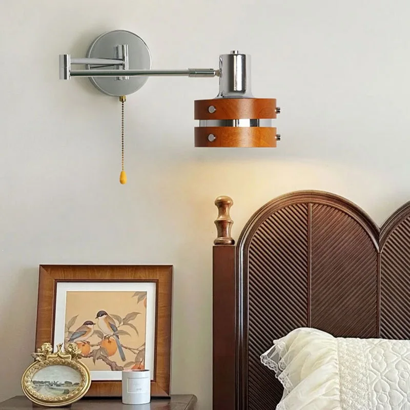 

Bedside Reading Lamp with Pull Cord Adjustable Retractable Arm Wall Mounted Vintage Mid-Century Solid Wood Minimalist Style