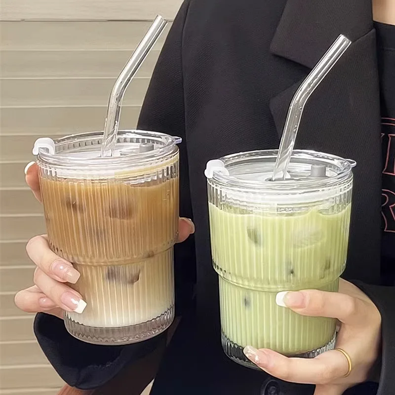 

1/2PCS 450ml Stripe Glass Cup Transparent Glasses With Lid and Straw Ice Coffee Mug Tea Cup Juice Glass Milk Water Cup Drinkware