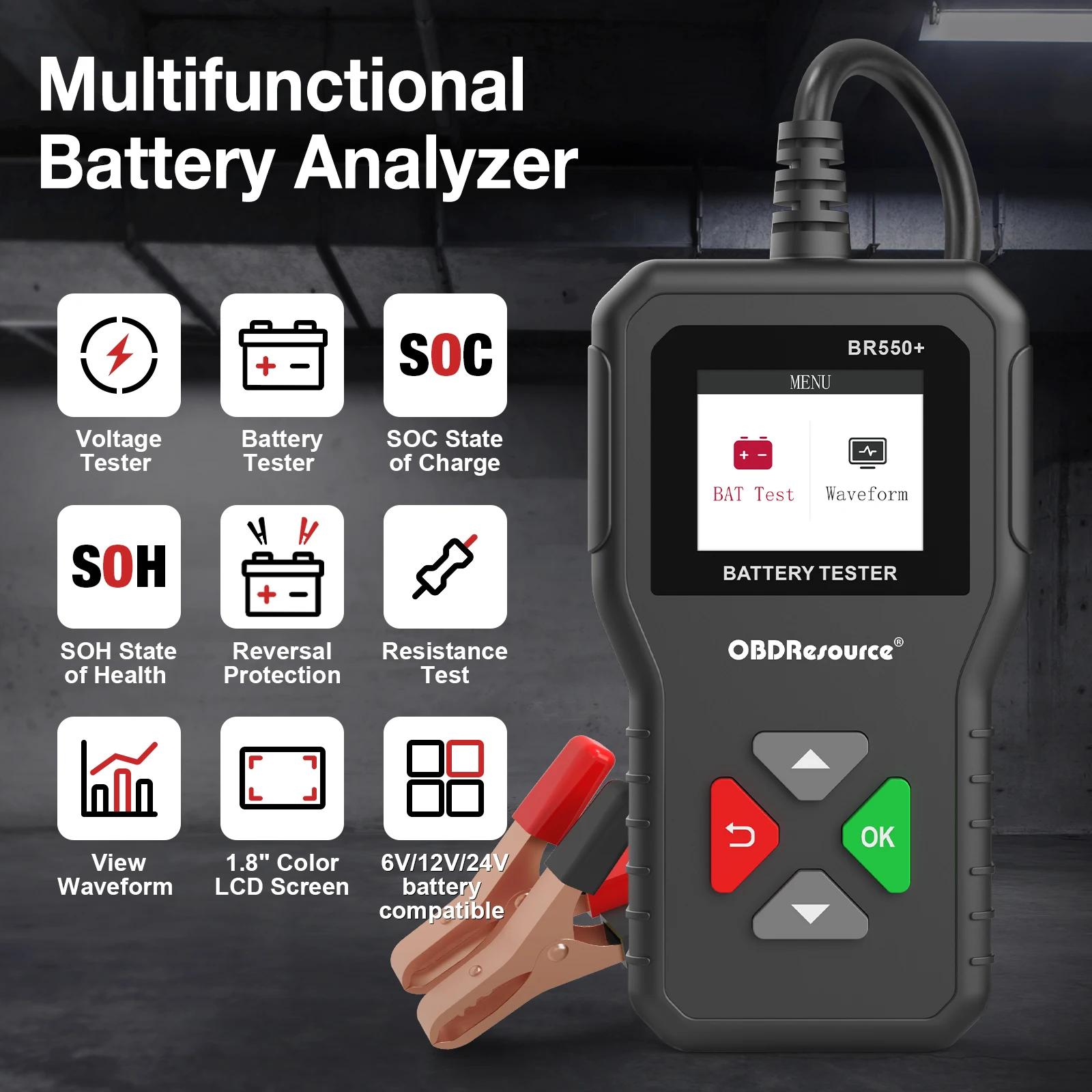 OBDResource Car Battery Tester, Voltage Tester, Auto Digital Battery Analyzer Tool, Color Screen, 6V, 12V, 24V, 100-2000 CCA