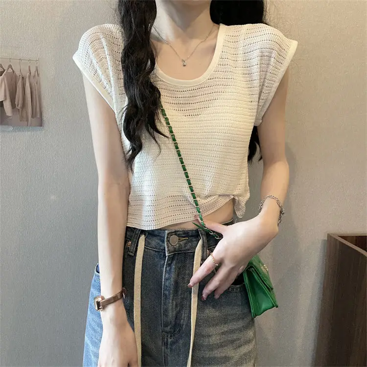 Pull fin en soie glacée pour femmes, col carré, petites manches volantes, Design, Niche, haut court, nouvelle collection 2025