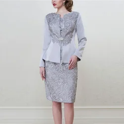 Silver Mother of the Bride Dresses 2025 Scoop A-Line Long Wedding Guest Gowns Applique Lace Split Front Dress Women For Wedding