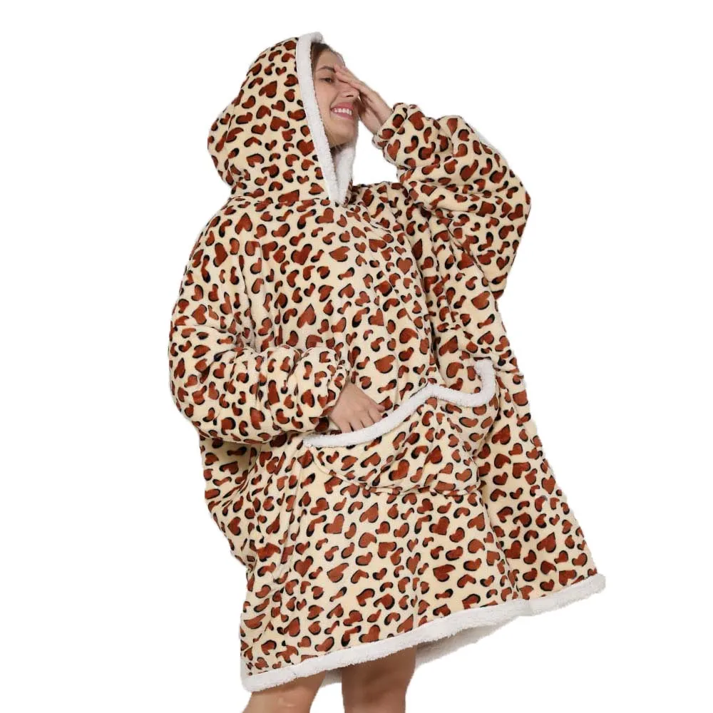 Lazy Hoodie Blanket Oversized for Women Winter Fleece Sherpa Leopard Print Sleeping Blanket Hoodies Thicken Fleece Sweatshirt