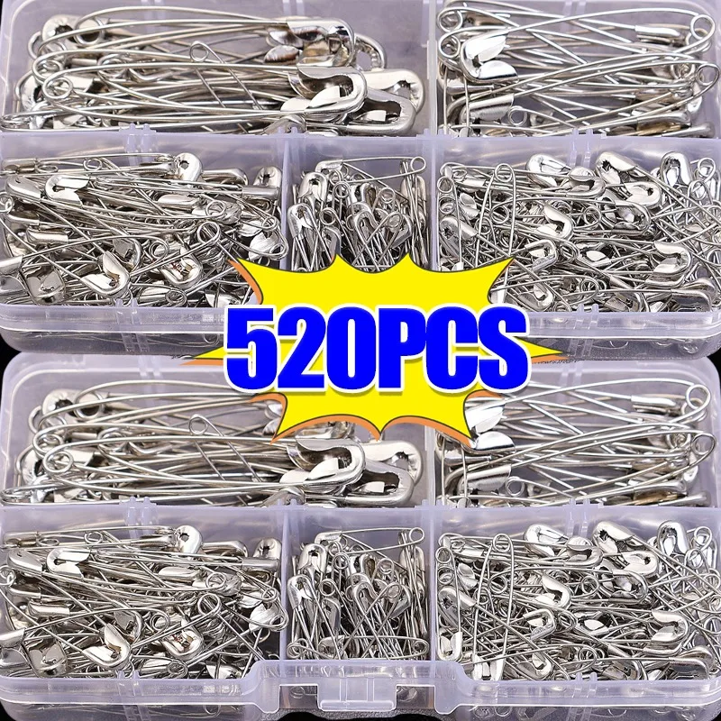 260/520PCS Safety Pins Brooch Pin Assorted Size Silver Metal Needles for Fabric Craft Garment Hang Tag Apparel DIY Sewing Tools