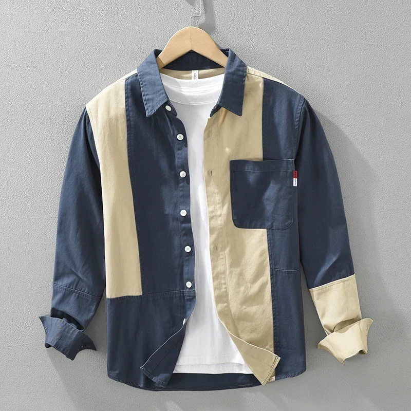 2024 autumn men's patchwork long-sleeved shirts the new look is all-in-one baggy retro tops