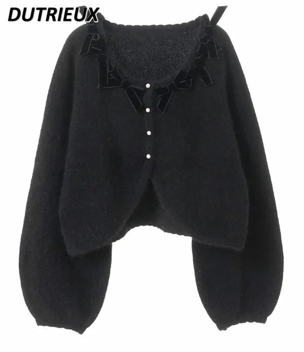 Japanese Gentle Sweet Cute Lolita Bow Pearl Button Sweater Cardigan Women Round Neck Long Sleeve Sweaters Autumn Winter Clothes
