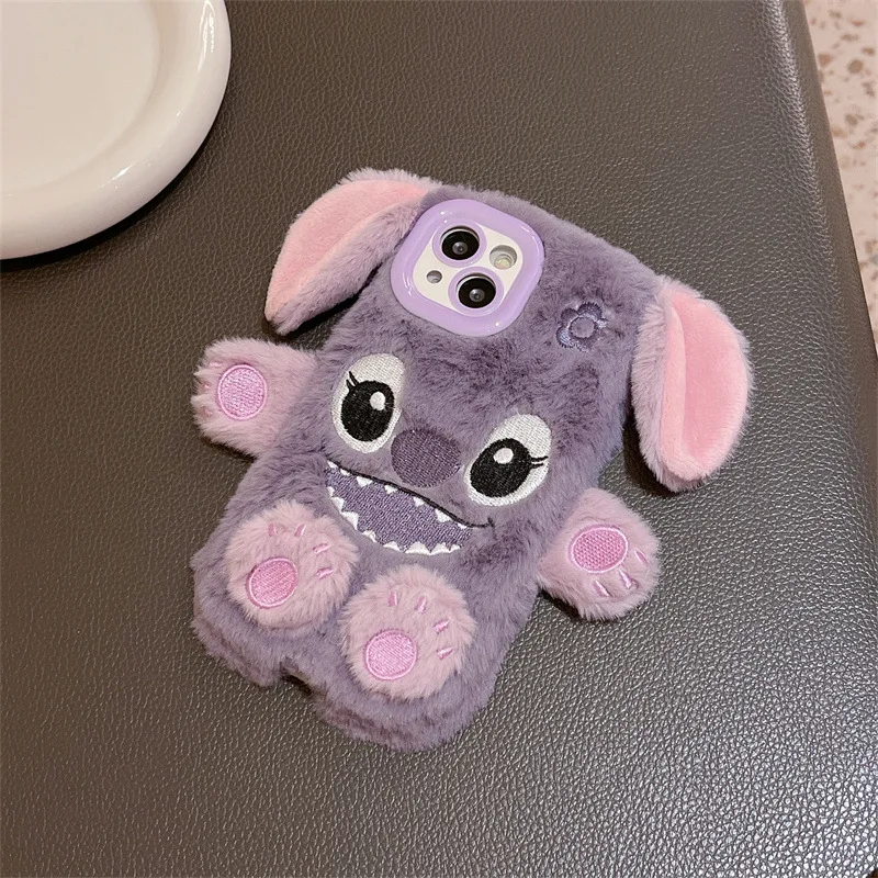 Weiche Plüsch Stich Telefon Fall Für iPhone 16 Pro Max 15 14 13 Plus 12 11 3D Cartoon Pelzigen Stich warme Pelz Haar Abdeckung Fundas