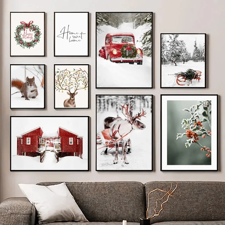 Winter Scenery Picture Canvas Painting Wall Art Modern Snow Elk Red House Poster And Print For Christmas Home Living Room Decor