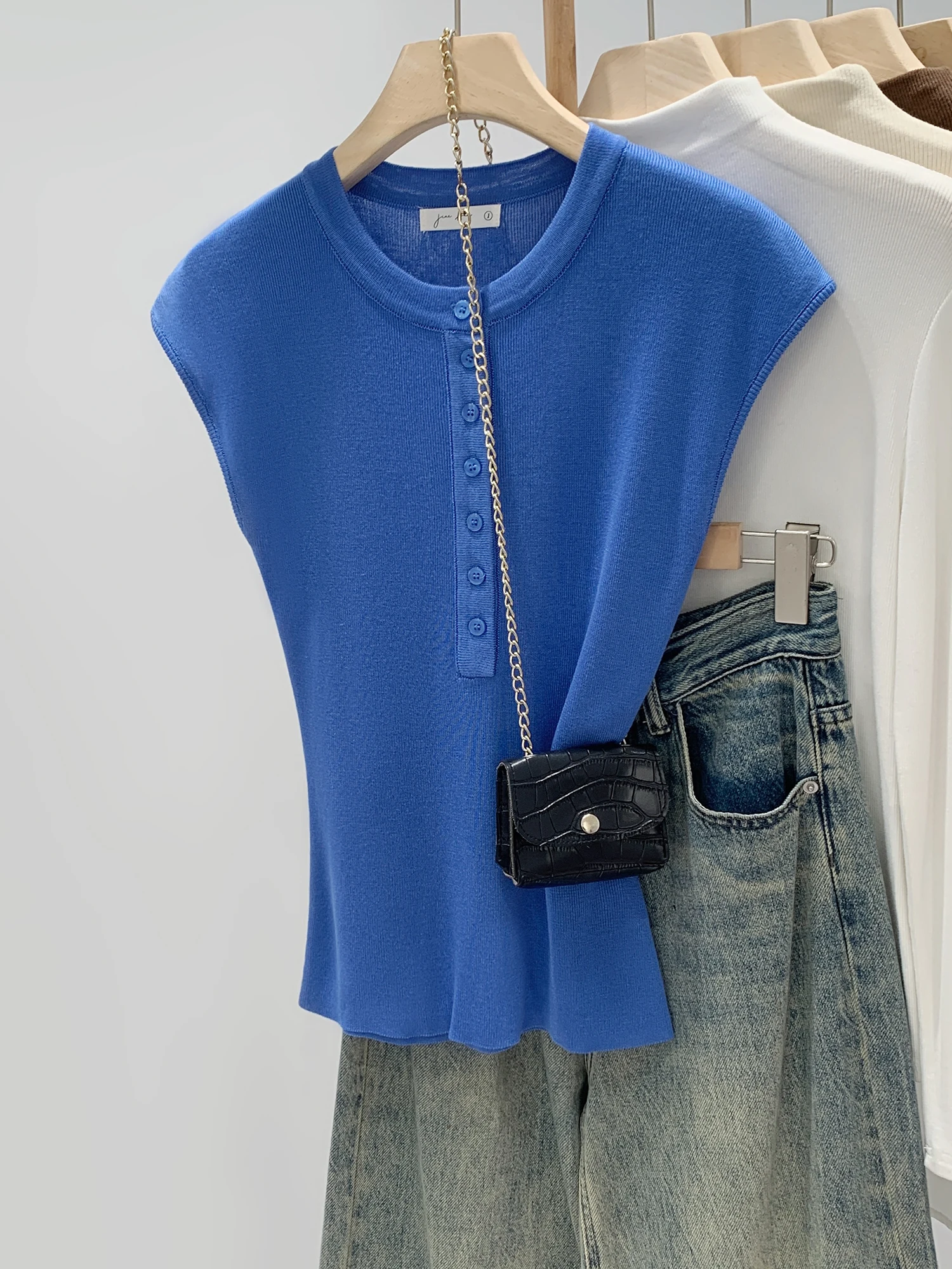 

Laceless Ruched Short Sleeve Knitted Top Women's Henry Collar Slim Fit Summer New Style Blue Shoulder Length Knitwear