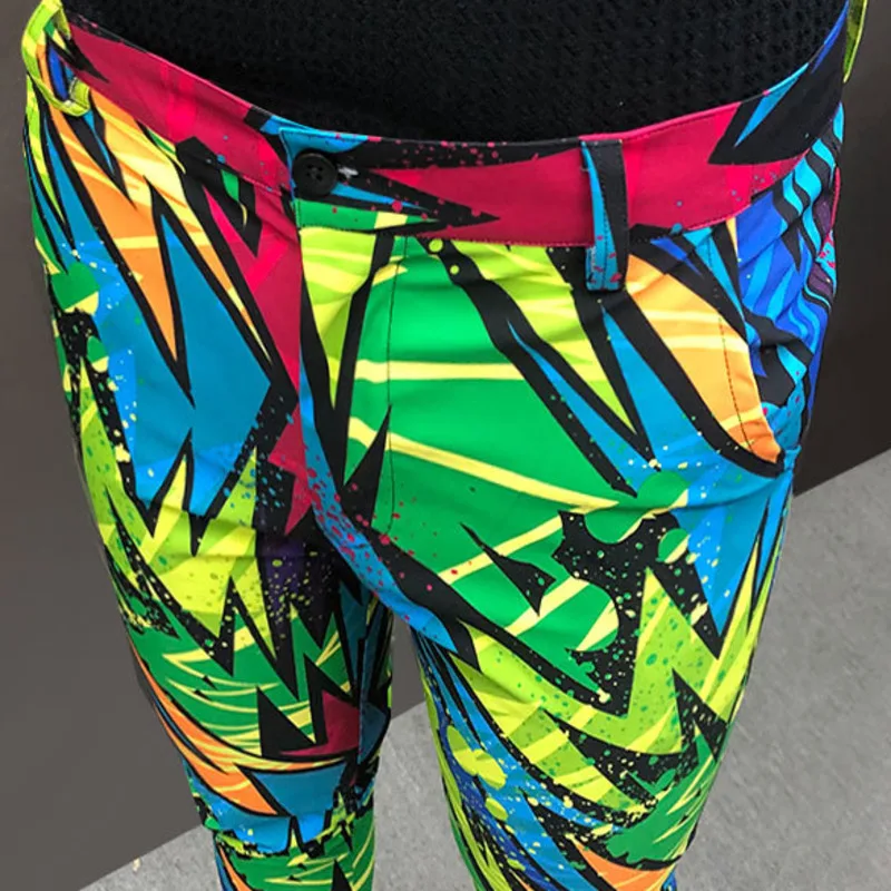 Abstract Artistic Colorful Doodle Geometric Pattern Print Suit Trousers Hip Hop Nightclub Stage Singer DJ Male Casual Pants