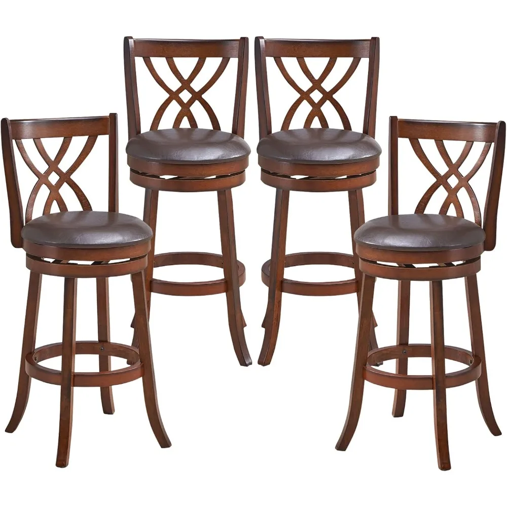 Bar Stools Set of 4, 360° Swivel Chairs, 30-Inch PU Leather Cushioned Seat and Footrests, for Kitchen Island, Dining Room, Bar