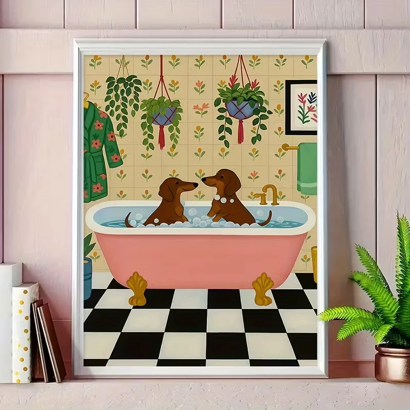 

Retro Bathtub Dog Canvas Poster, Modern Style Bathroom Decoration, Pink Bathtub, Black and White Checkered Floor, Wall Art