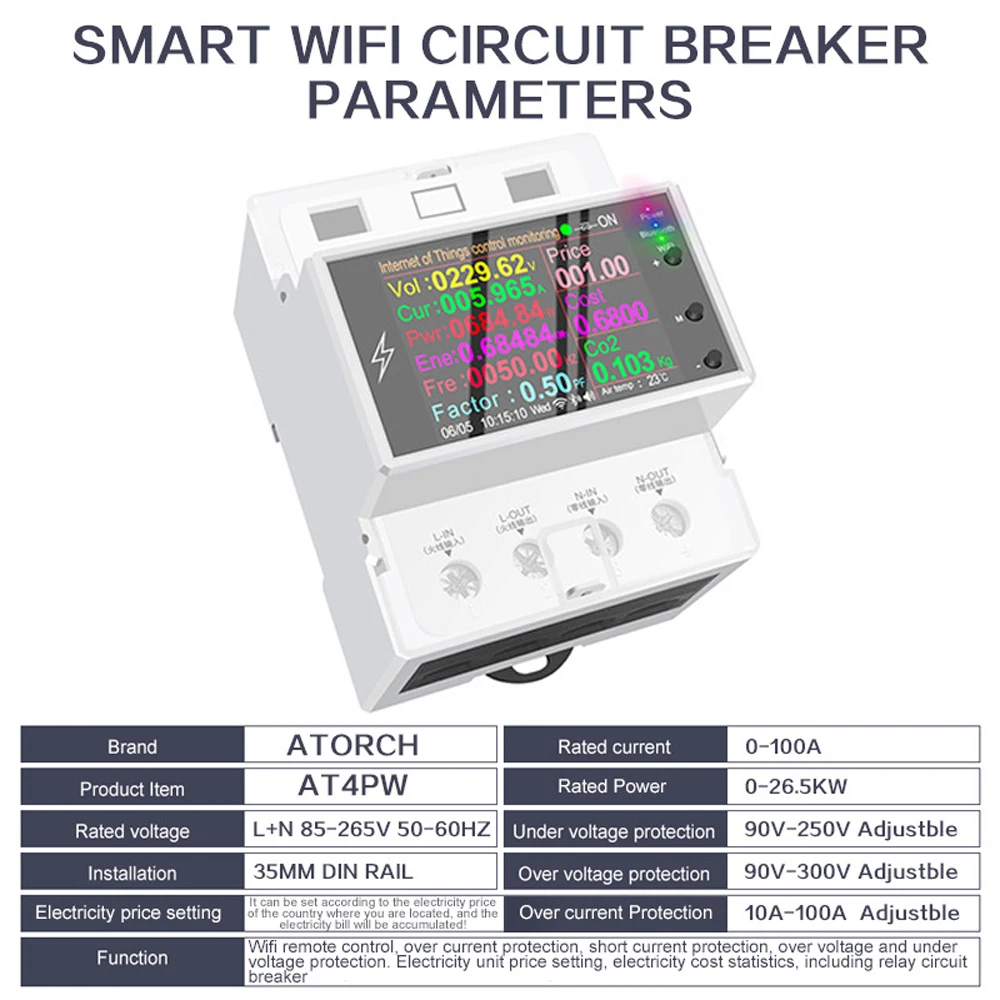 AT4PW Tuya WIFI medidor de energía Digital carril Din interruptor inteligente Control remoto AC85-265V voltios amperios Kwh medidor de factor de frecuencia