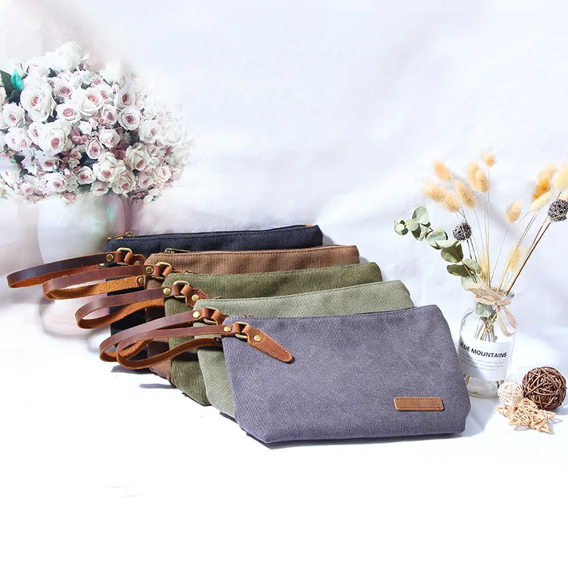 Casual Canvas Organizer Bag With Genuine Leather Wrist Strap Men Women Clutch Bag Wash Bag Travel Cosmetic Bag