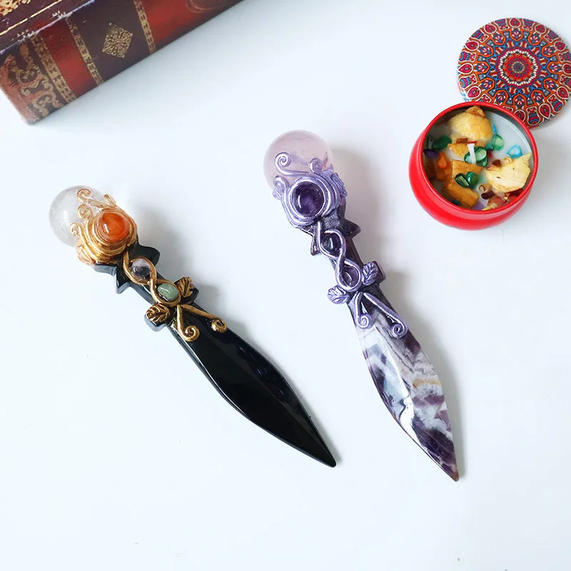 16.5cm Crystal Handicrafts. Natural Obsidian Purple Crystal. Magic Carving. Crystal Witchcraft Knives For Home Decoration