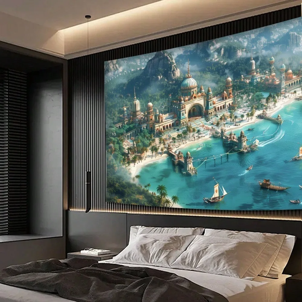 1pc Fantasy Castle Tapestry Ancient City Ocean View Wall Hanging Art Decor for Bedroom Living Room School Start Season Gift