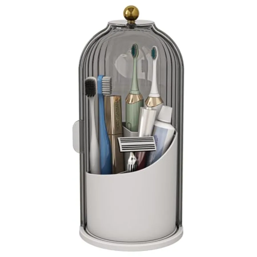 Toothbrush and Toothpaste Holders with Cover, Grey White Waterproof and Dustproof, 360° Rotating Base, Smooth Sliding Door, 3 S