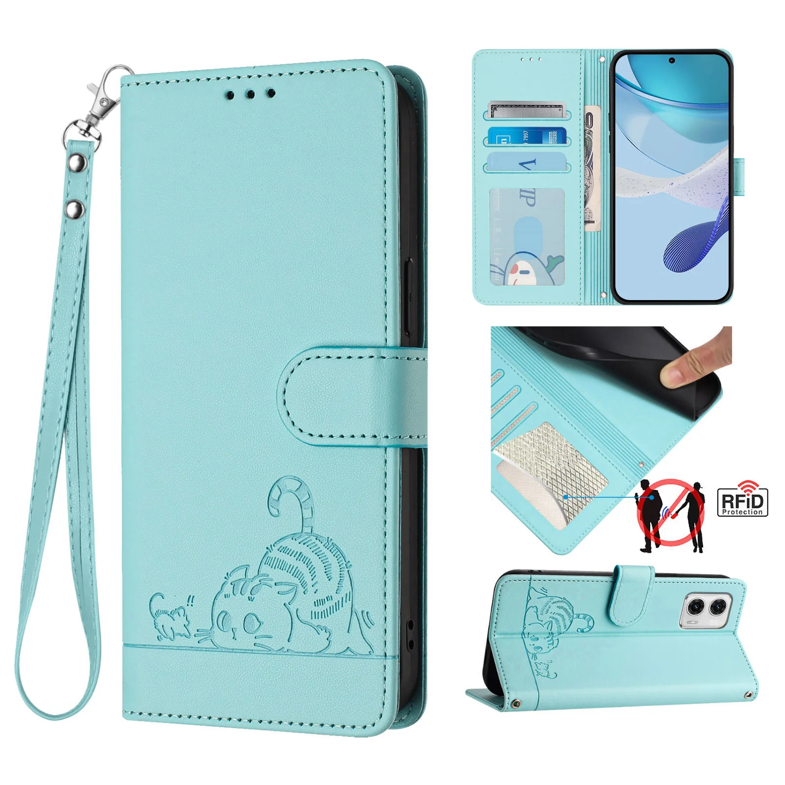 حافظة كروس على شكل قطة مضحكة لهاتف OPPO Reno 14 Pro 14F 13 12 11 10 9 8 7 6 5 4 حبل جلدي 3 بطاقات محفظة معصم غطاء قلاب للكتاب