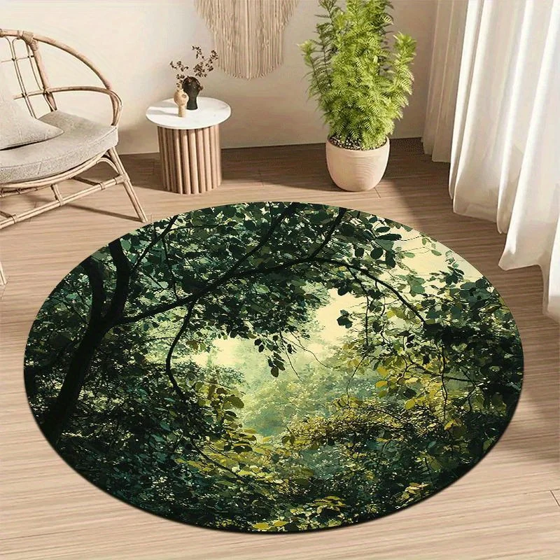 Round Forest Light and Shadow Print Rug Non-slip Floor Mat for Living Room Bedroom Meditation Space Home Decoration
