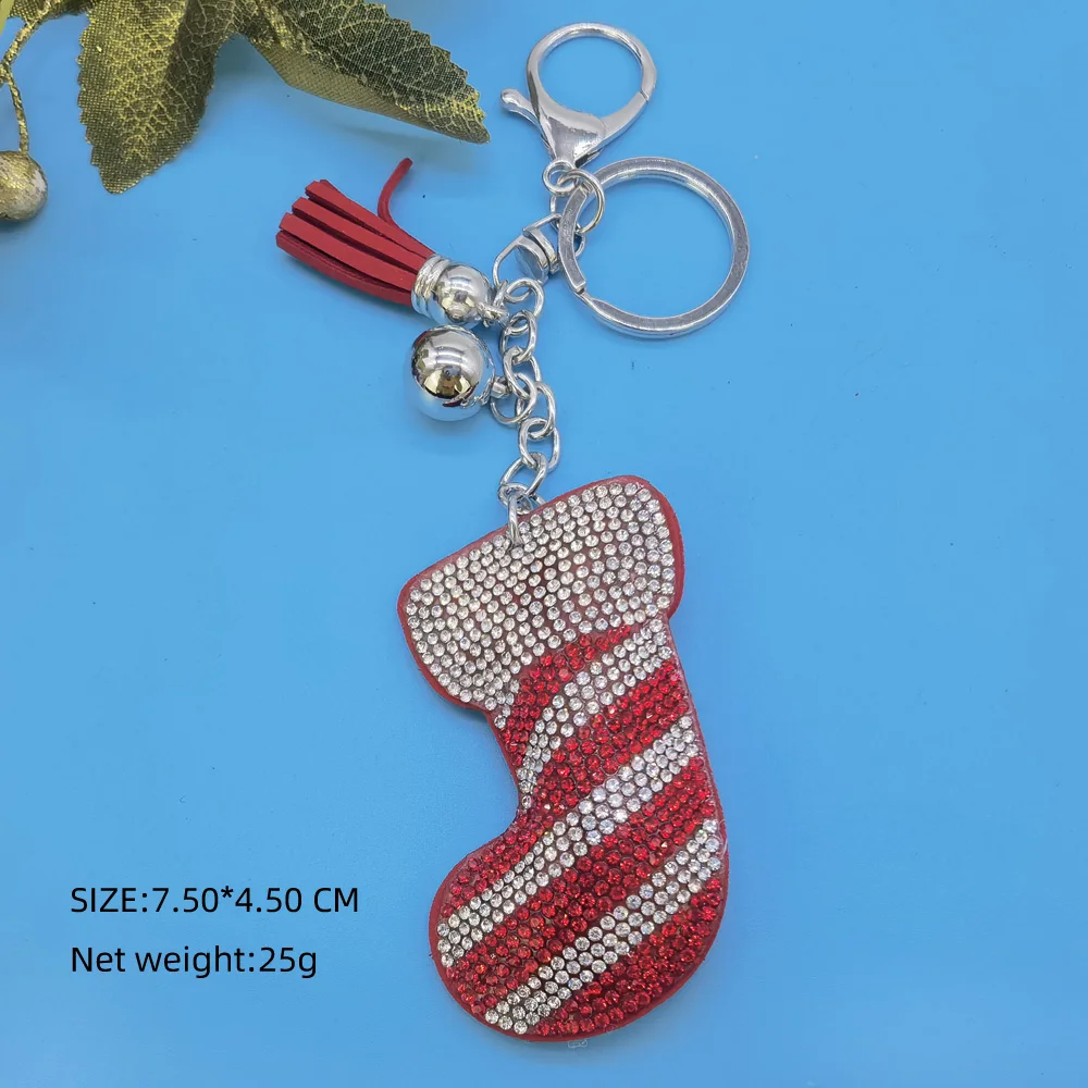 Creative Rhinestone Christmas Socks Keychain for Women Car Pendant Bag Charm Jewelry Accessory