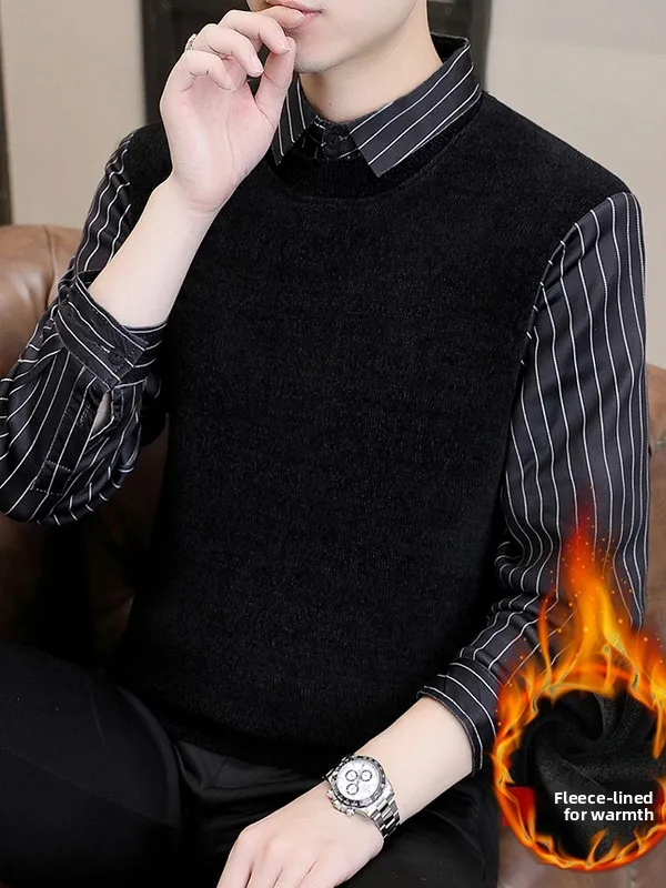 

High Quali Knitted irt Collar Sweater Men's Fce Lined Thi Warm with Collar Fake Two-Piece Casual Sle Polyester Fiber