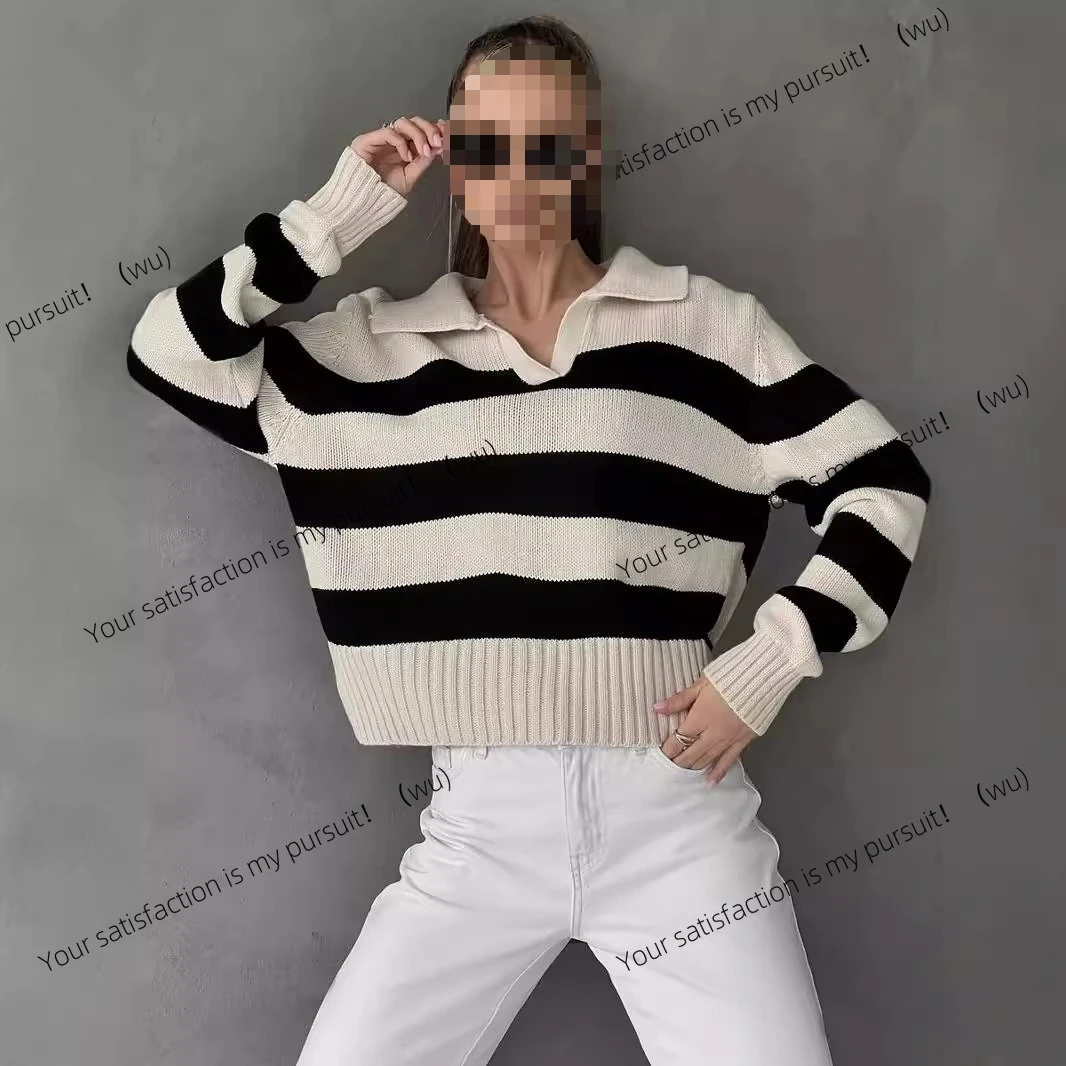 ZOCI-Damen-Strickpullover, POLO-Ausschnitt, gestreift, Kontrastfarbe, lockerer Strickpullover für Damen