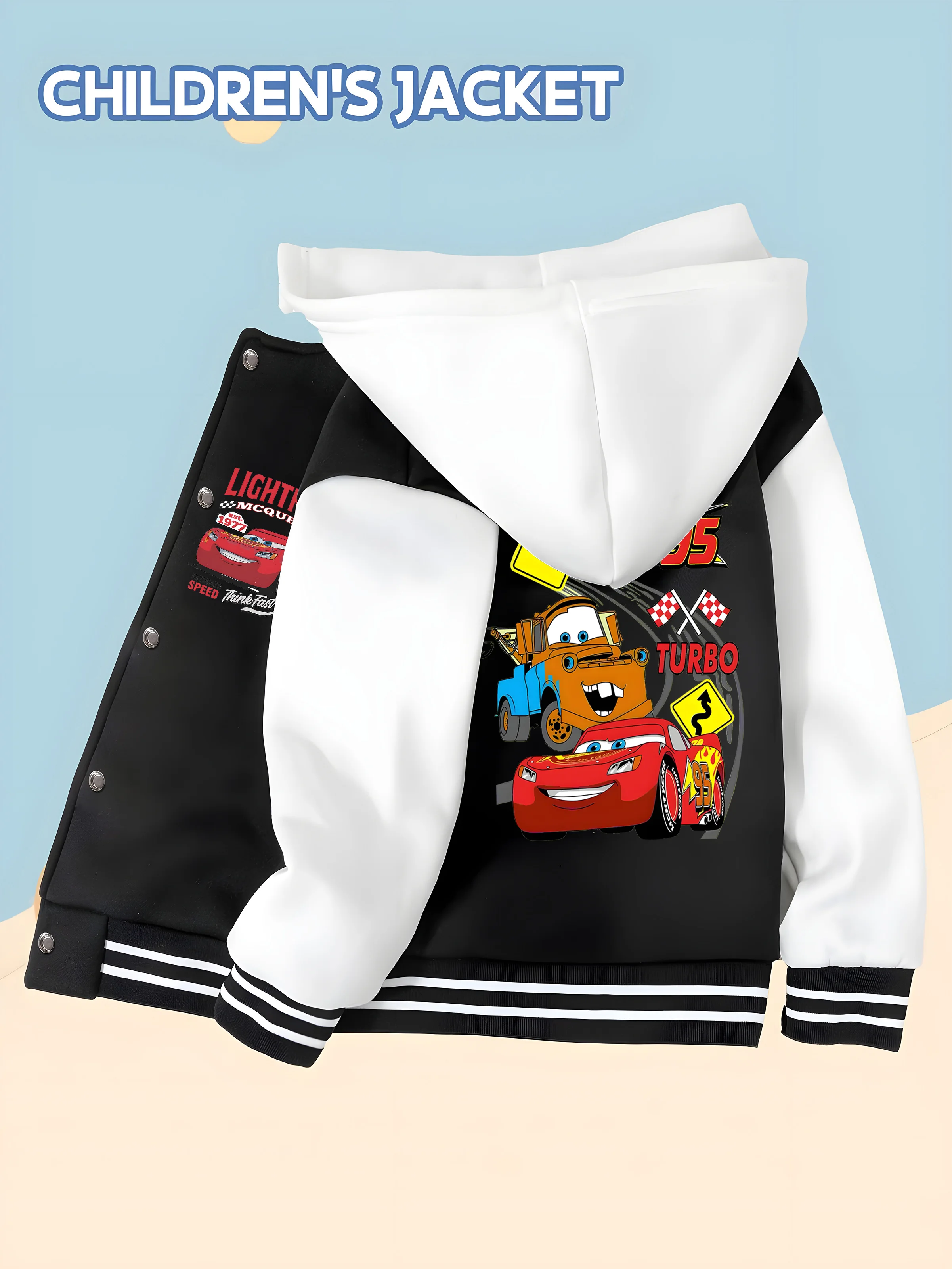 

MINISO Disney Cars baseball jacket -Lightning McQueen & Mater, double-sided print, comfortable and durable, perfect for playtime