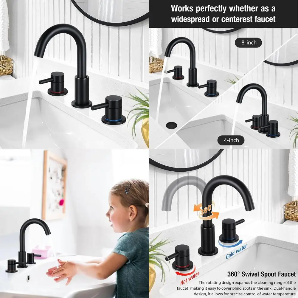 

3-Hole Black Faucet for Sink with Pop-Up Drain, 8-Inch Widespread, 360° Swivel Handles, Includes Supply Lines