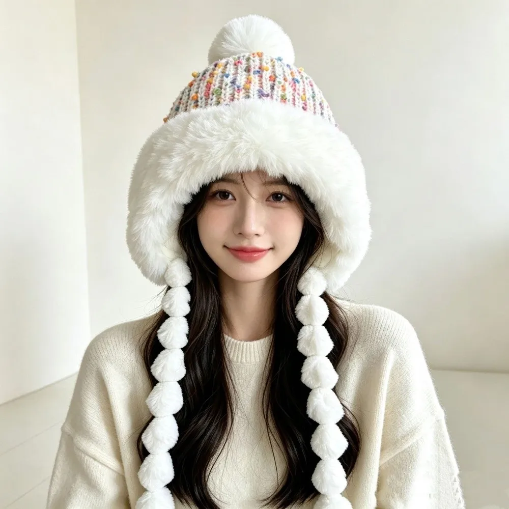 Soft Colored Beans Beanie Cap Warm Fleece Lined Stretchy Knitted Hat with Straps Cold Protection Ear Protection Hat Outdoor