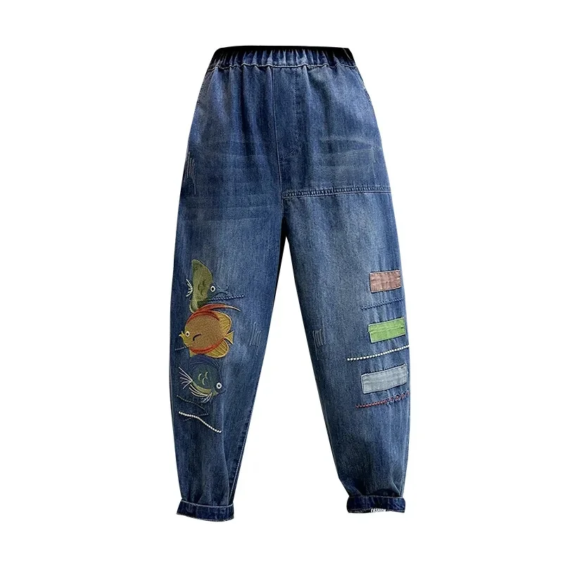 Jeans ricamati donna primavera e autunno 2023 nuovi pantaloni larghi papà Retro Patch dritto Slim Harem pantaloni marea