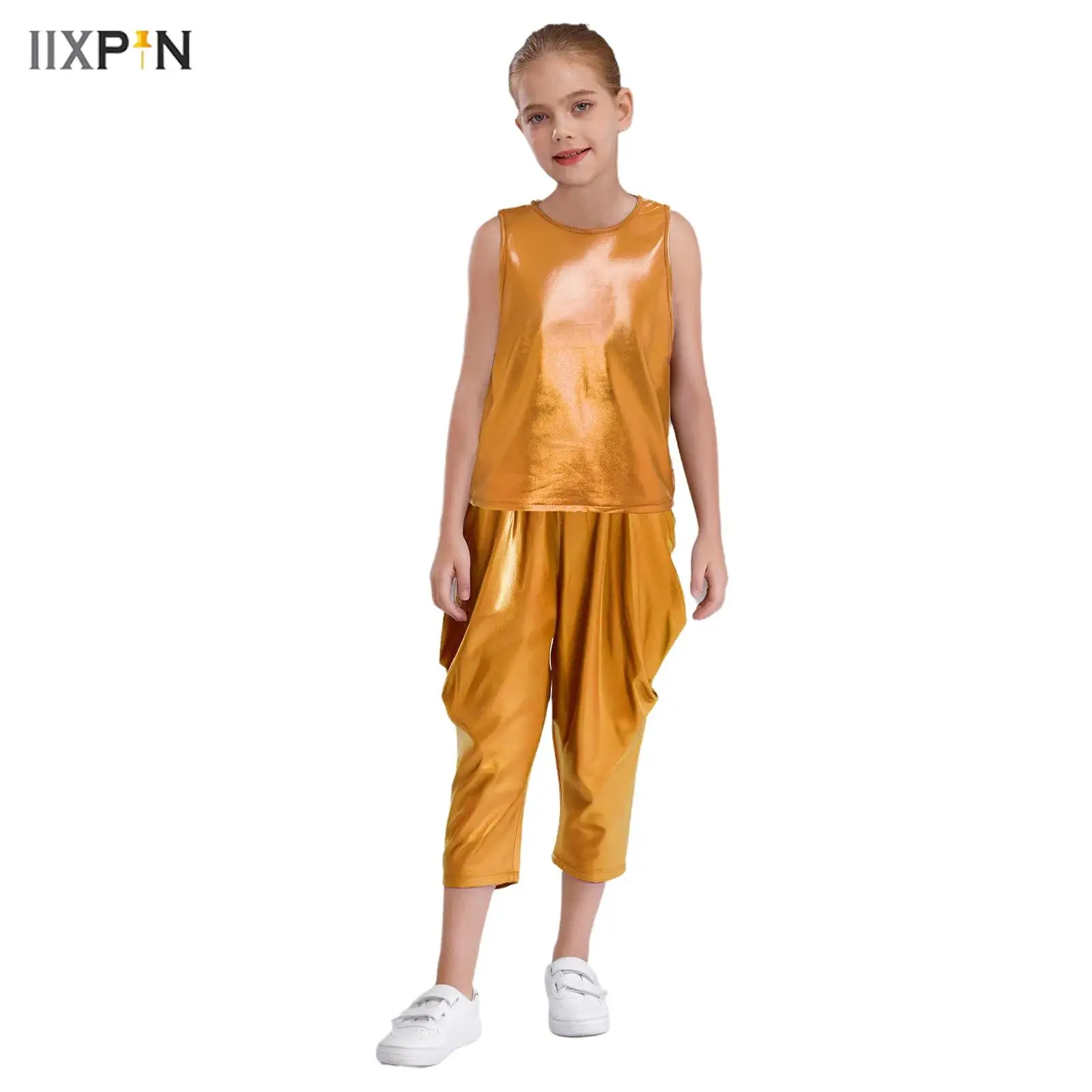 

Kids Boys Girls Jazz Dance Outfit Round Neck Sleeveless Metallic Vest Top+Ruched Cropped Pants Set for Hip-Hop Stage Performance