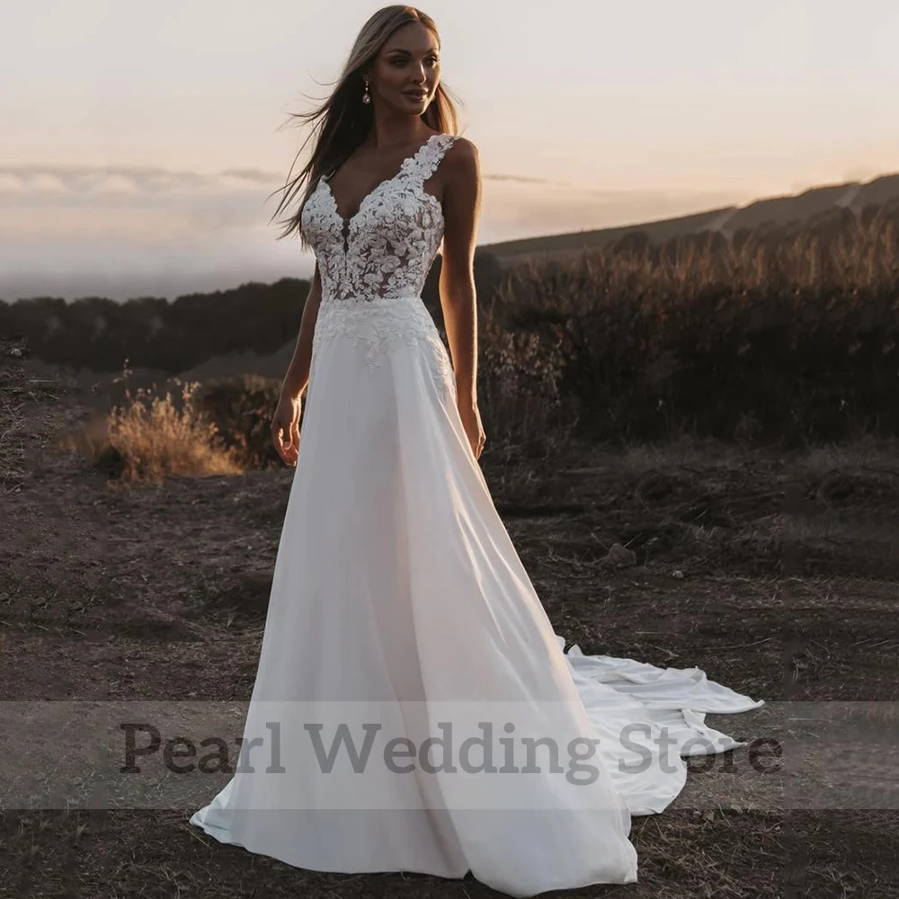 Vestido de novia clásico sin mangas con cuello en V, apliques de tul y gasa, línea A, largo hasta el suelo, espalda abierta con botones, vestidos de novia