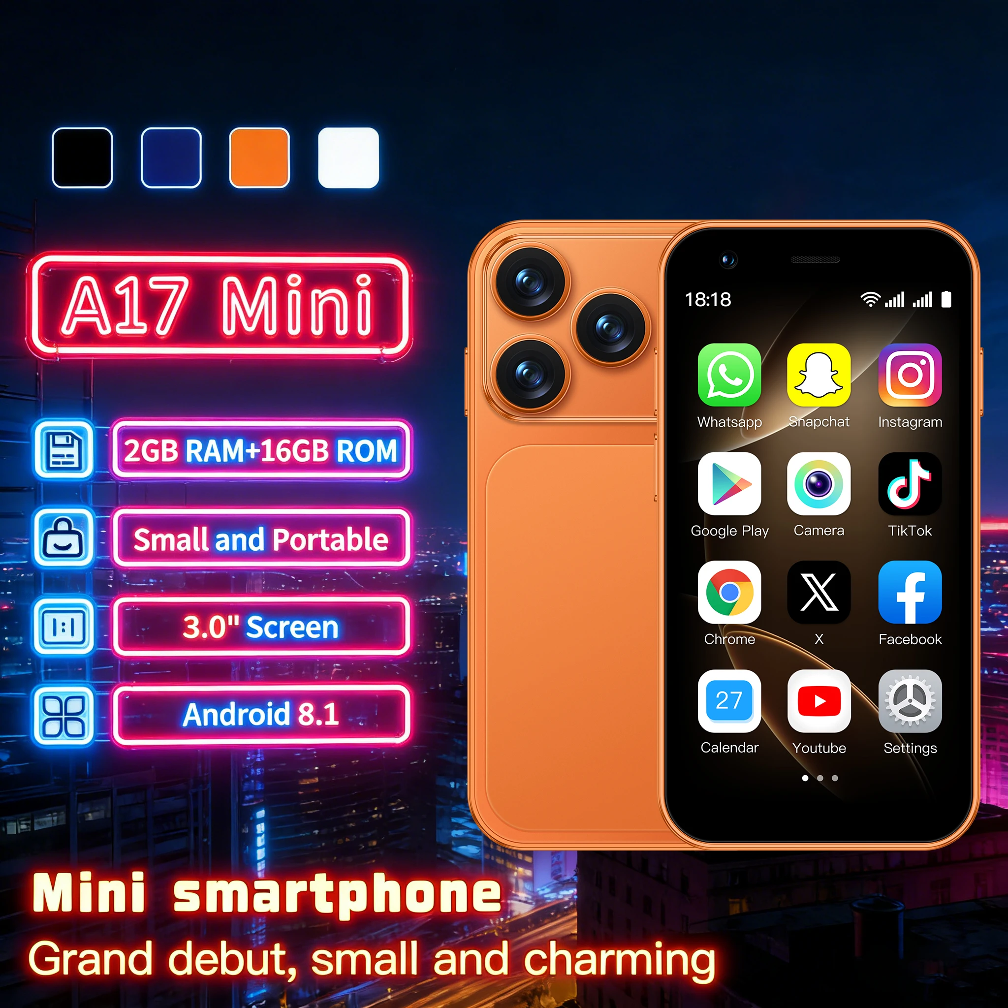 A17mini smartphone, 3.0-inch screen, Android 8.1 system, supports Play Store, dual SIM standby, and 3G network