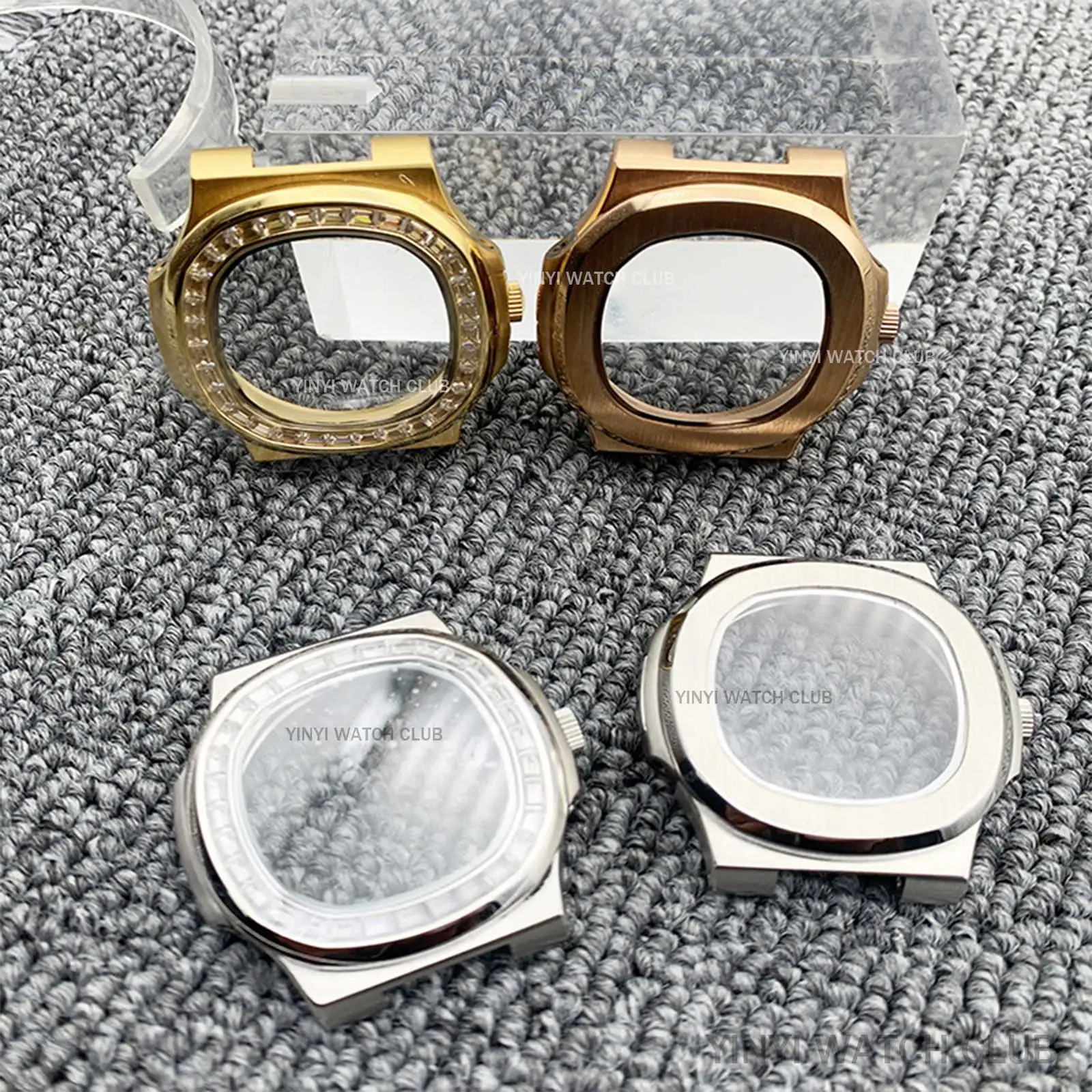 42MM Watch Case Gold Sliver Diamond Set Transparent bottom for Miyota 8215, 821A Mingzhu dg2813 dg3804 Movements Nautilus Case