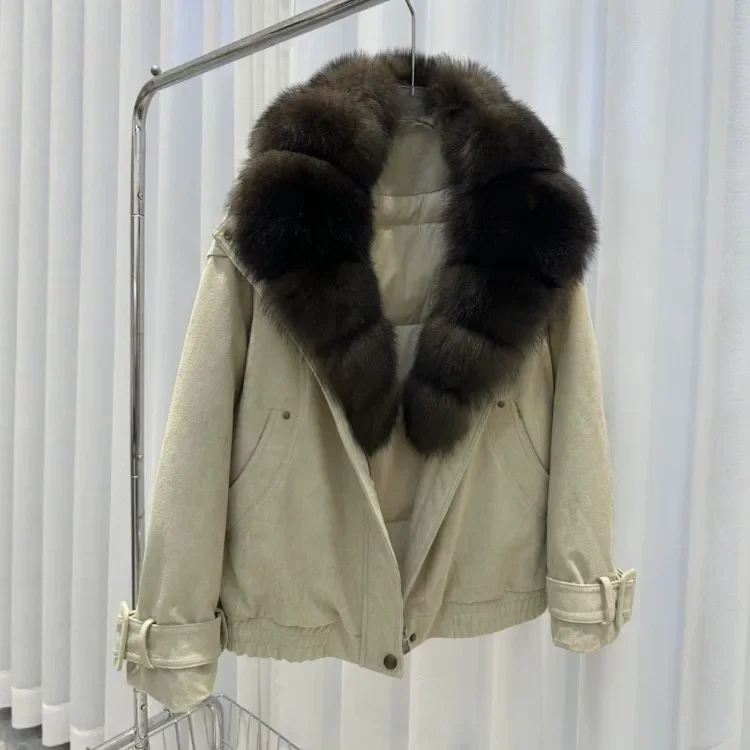 OFTBUY Big Real Fox Fur Collar Duck Down Coat Women Short Suede Pilot Jacket New Vintage Zipper Women's Winter Down Jacket