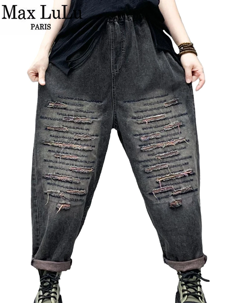 

Max LuLu 2024 Spring Fashion Jeans Womens Loose Embroidery Holes Harem Pants Ladies Classic Casual Vintage Punk Denim Trousers