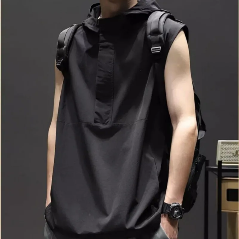 

Summer Casual Pullover Shirt Tess Vest Men's Loose Sleeveless Hooded Cool Boy Versatile Sports Tops Solid Undershirt