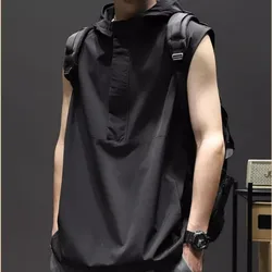 Summer Casual Pullover Shirt Tess Vest Men's Loose Sleeveless Hooded Cool Boy Versatile Sports Tops Solid Undershirt