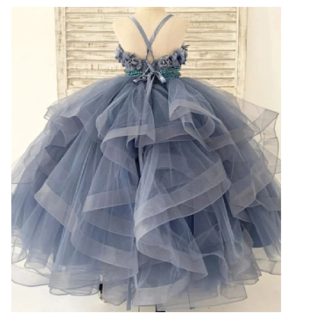 Vestidos de flores para niña, apliques de tul finos con correa para el hombro, tul de princesa de comunión, vestido de baile de cumpleaños para niñas, hasta el suelo