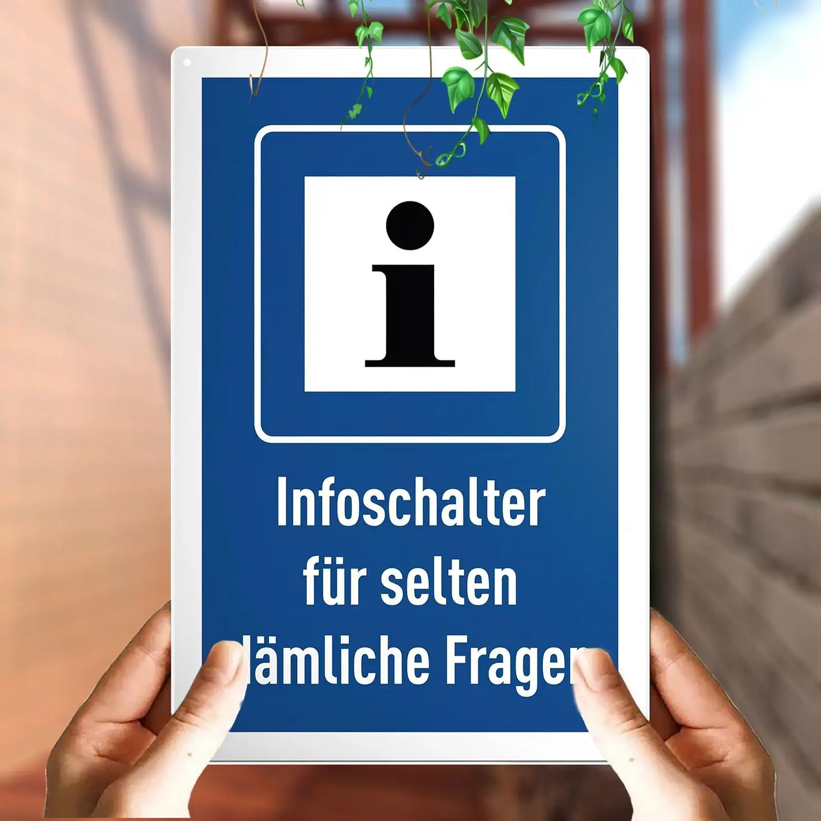 2D Flat - A Flat Aluminum Sign in German That Reads, 'Information Counter for Rarely Stupid Questions' Makes an Excellent Gift C