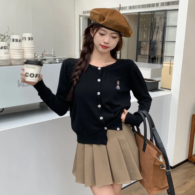 Fashion Embroidered Bear Long Sleeve Simple Casual Autumn Spring Cardigan All-Match Retro Slim Round Neck Korean Version