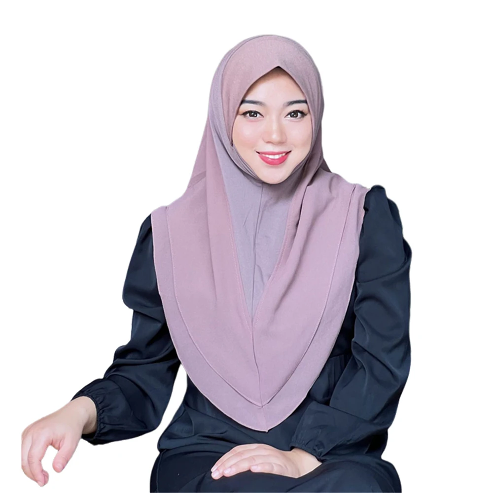 Jilbab gaya Malaysia dua lapis sifon Turban jilbab padat Hijab Islami Muslim topi Amira selendang Arab penutup kepala bungkus 1 buah