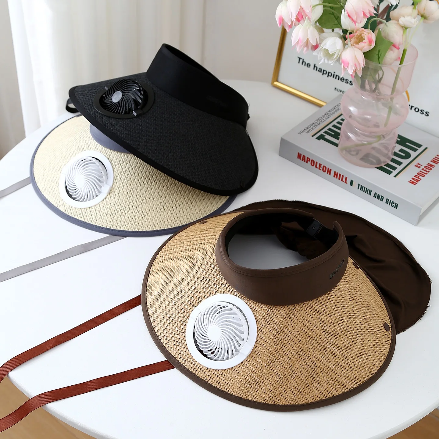 واسعة حافة قبعة الشمس مع المدمج في مروحة الصيف قبعة في الهواء الطلق القش قبعة بواقٍ للشمس مع مروحة تعمل بالطاقة USB للتخييم الصيد التنزه