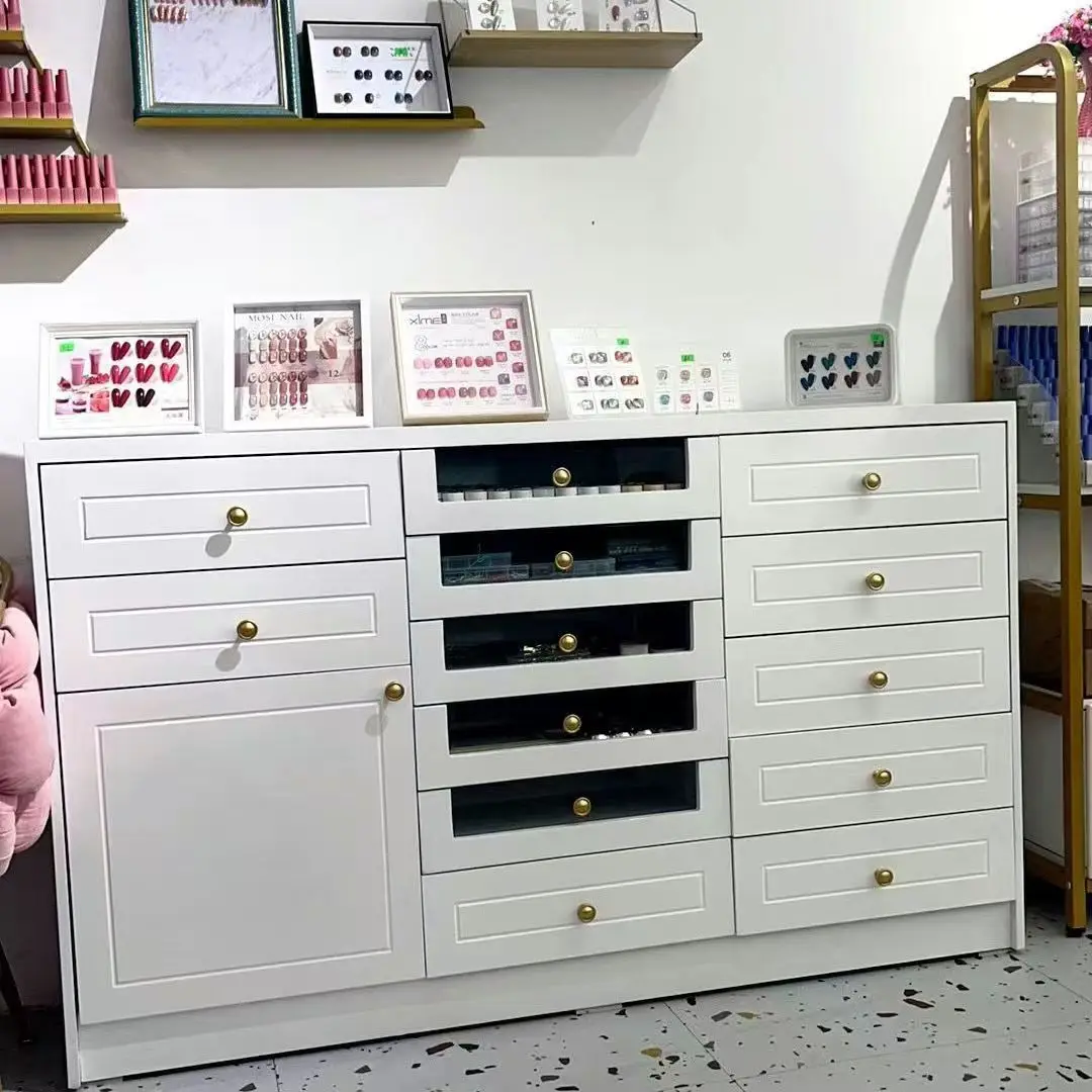 White Nordic Nail Salon Display Cabinet Nail Polish Glue Locker Floor Drawer Storage