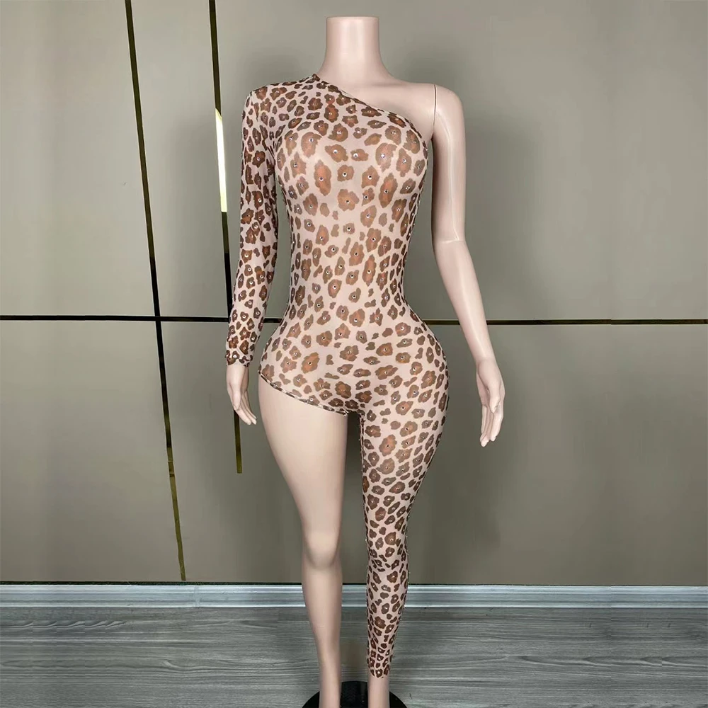 Vestido largo asimétrico personalizado de manga larga, traje Sexy ajustado con lentejuelas elásticas de leopardo para fiesta de cumpleaños