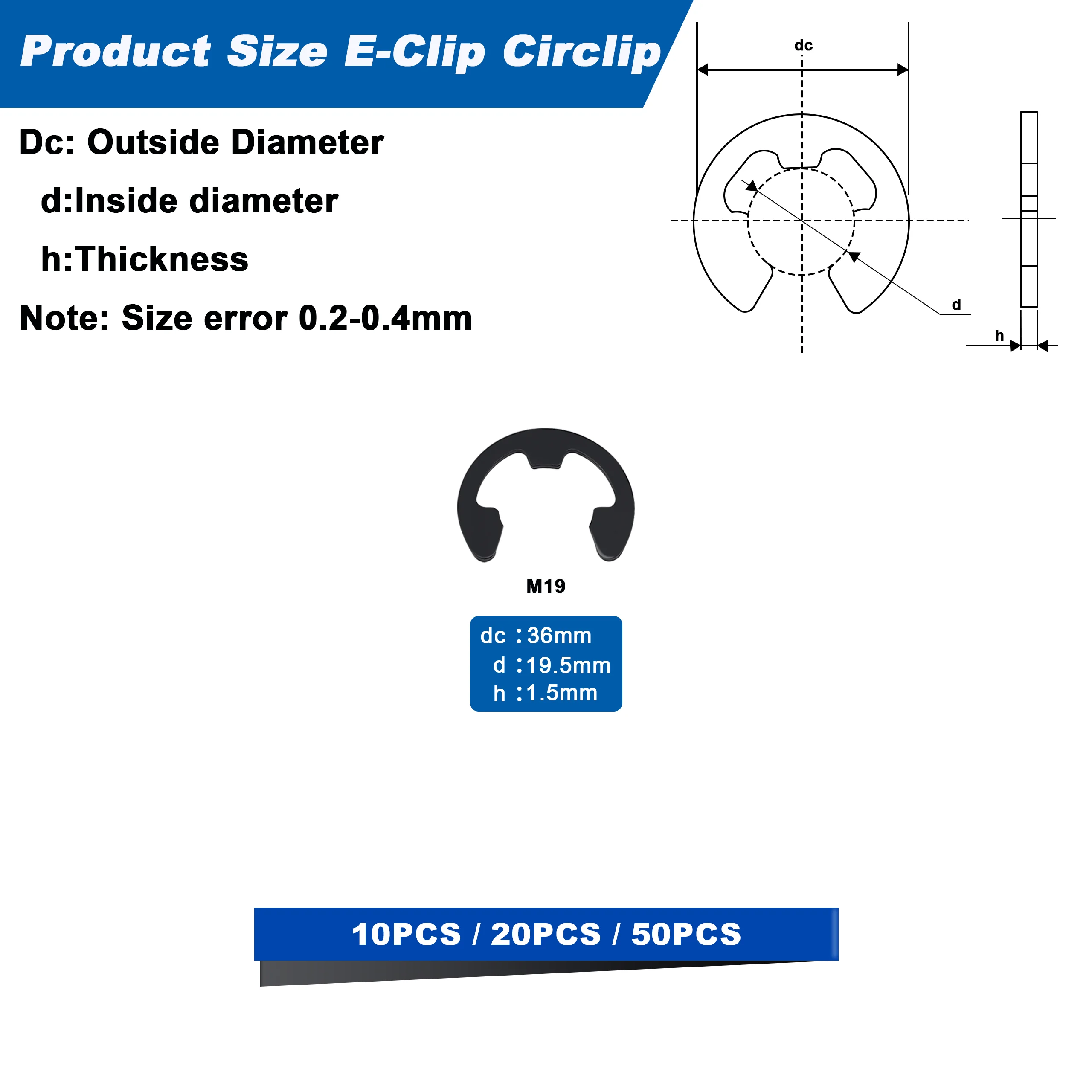 M19 E-Clips Circlip External Retaining Rings, E Clips External Carbon Steel Rings 10PCS 20PCS 50PCS 100PCS