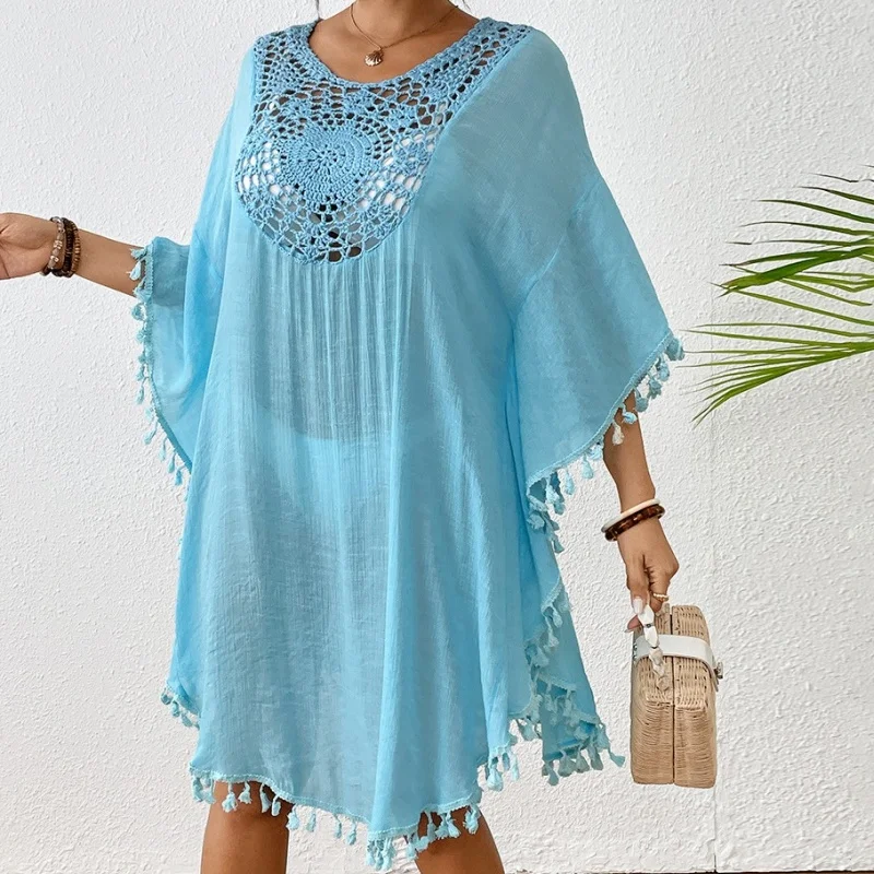 Retalhos oco para fora vestido de crochê feminino simples malha macia borla bikini cobrir praia férias piscina festa feminino cover-ups 2025