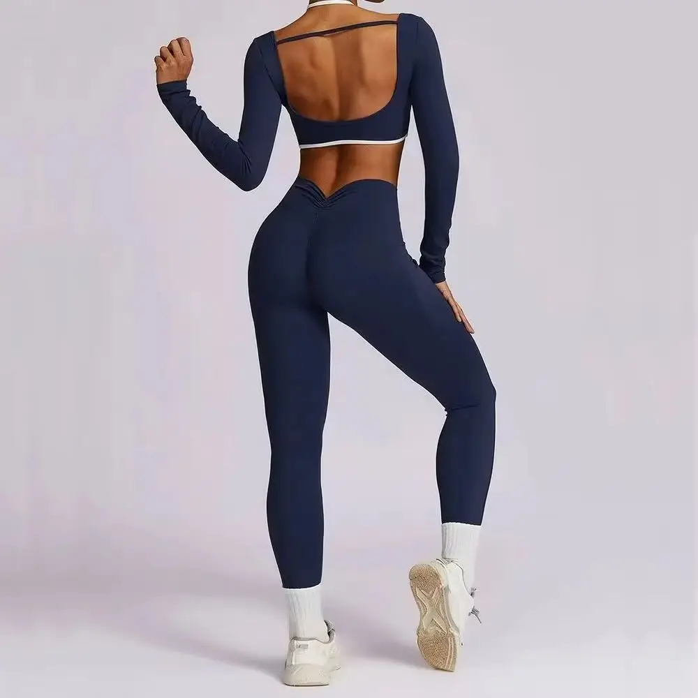 Yoga Set 2PCS Sports Suits Women Sportswear Workout Clothes Athletic Wear Gym Legging Push Up Fitness Bra Crop Top Long Sleeve